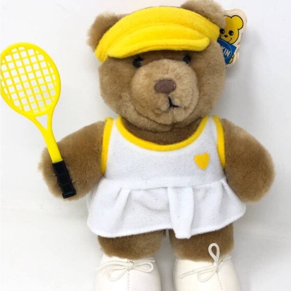 Dakin Tennis Love Brown Teddy Bear 8" Small Plush White Yellow Outfit 1987 NWT